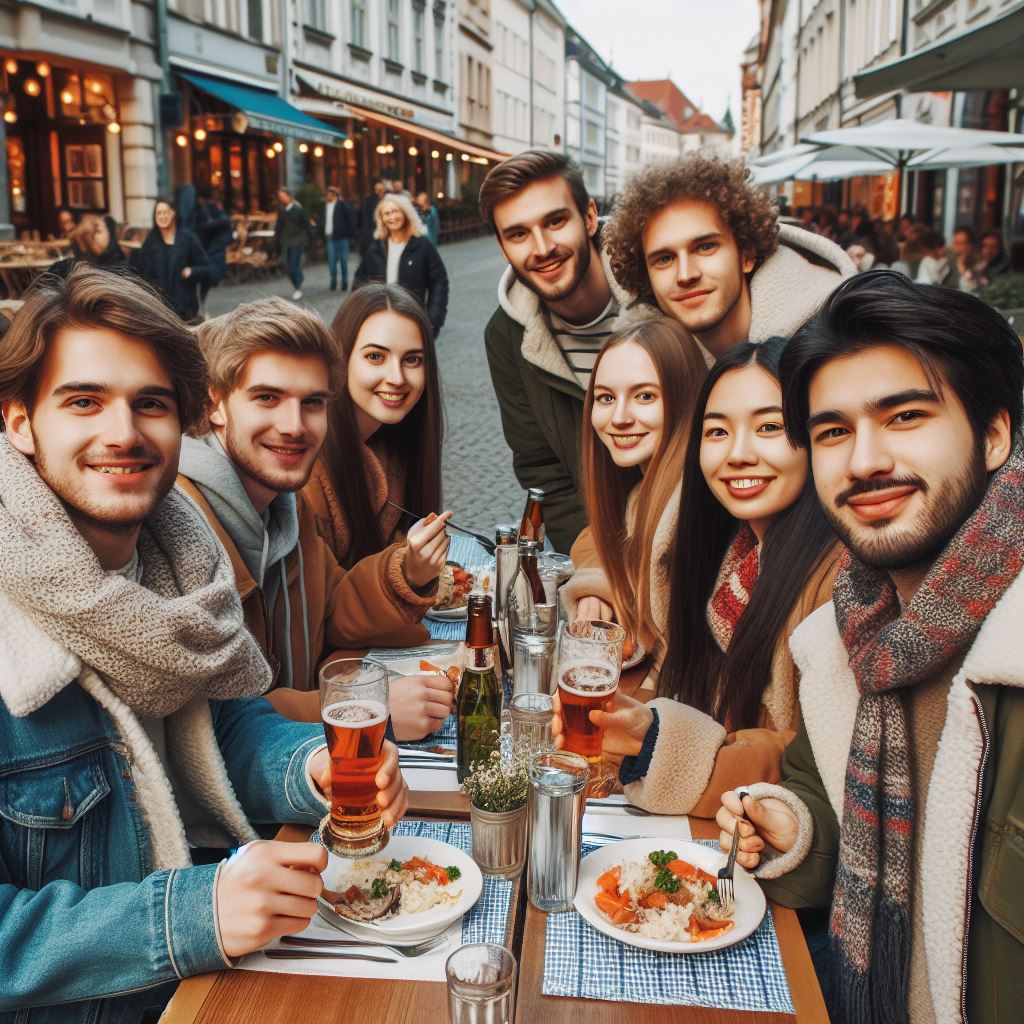 7 Studenten:innen sitzen in der Saarbrücker Innenstadt vor ihrem Essen und haben jeweils ein Bier in der Hand ( created mit KI)
